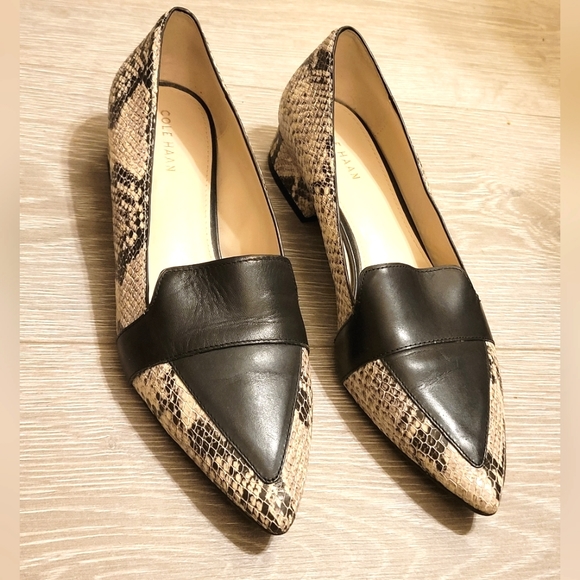 Cole Haan Skimmer Flat | Block Heel | Snake Embossed | Leather Black Apron |Sz 6 - Picture 3 of 8